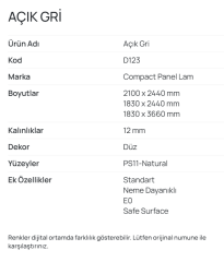 Açık Gri D123 Compact Panel Lam